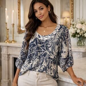 Banana Republic Navy White Print 100% Silk Blouse Womens S Petite Sheer 3/4 Slee